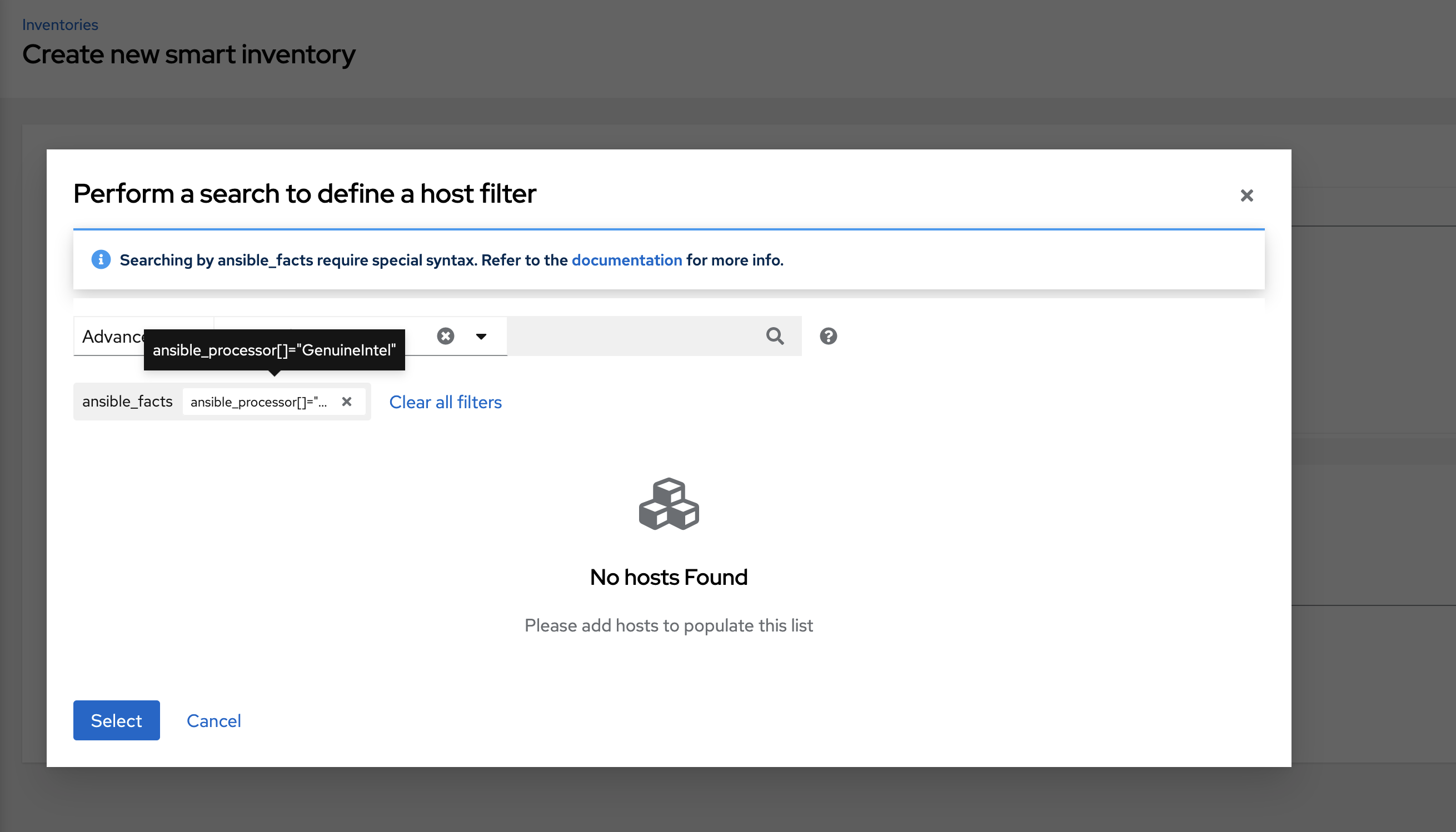 Selected search criteria for host filter Ansible facts listed below search field