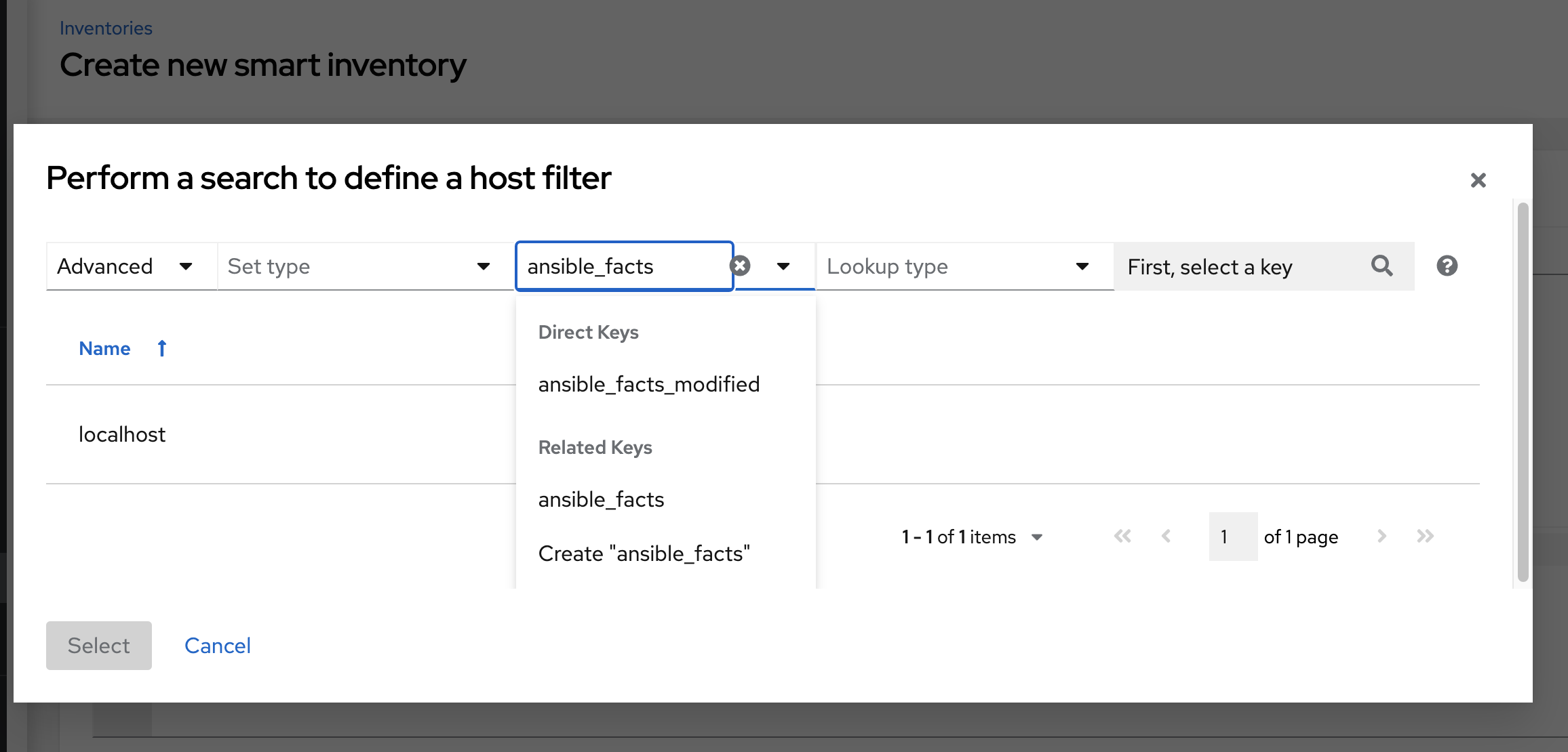 Host filter with drop-down menu options