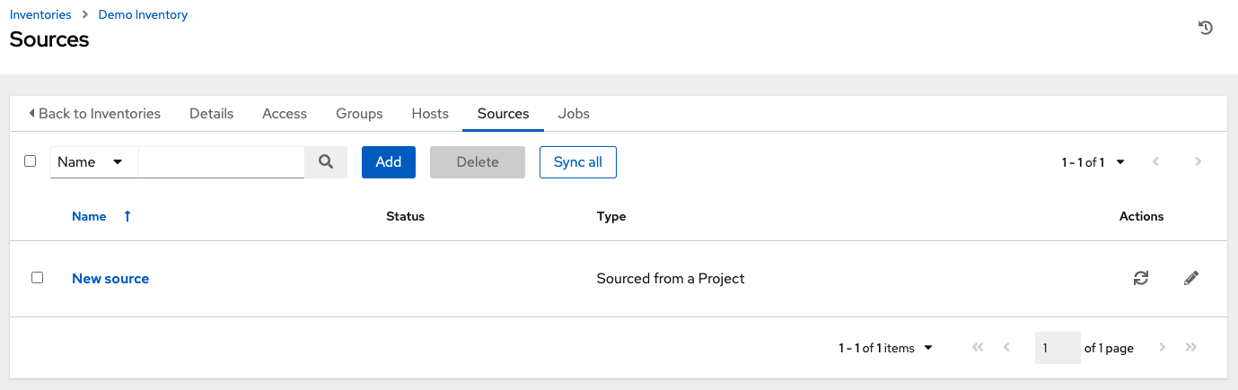 Sources tab of the inventory showing one inventory source