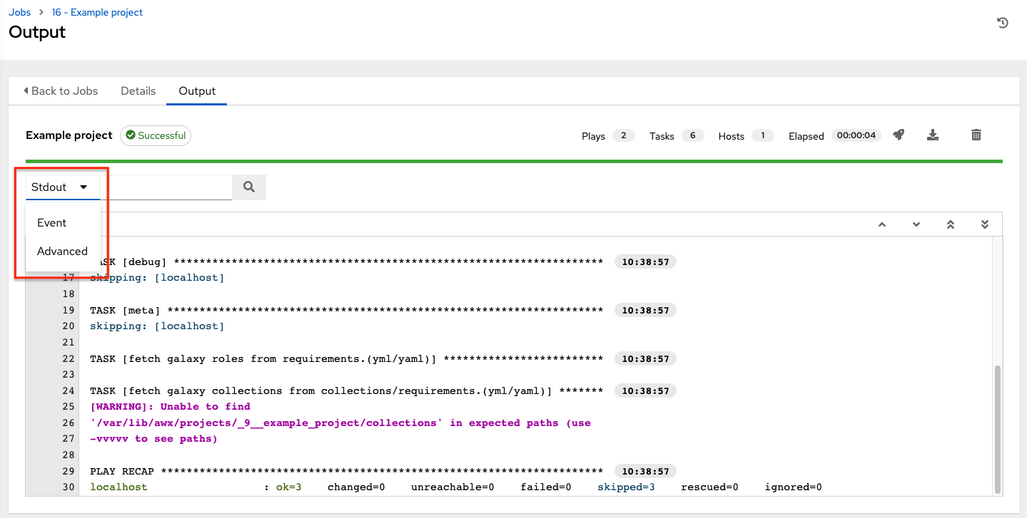 Filter options in the Jobs Output window