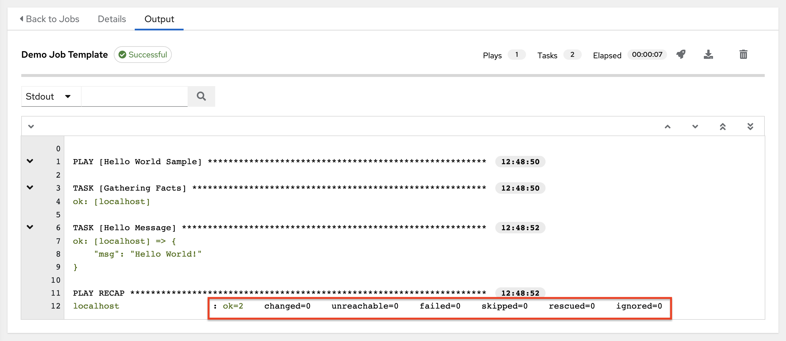 Example summary details in standard output