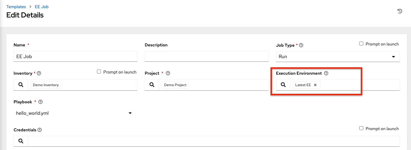 Job template using newly created Execution Environment