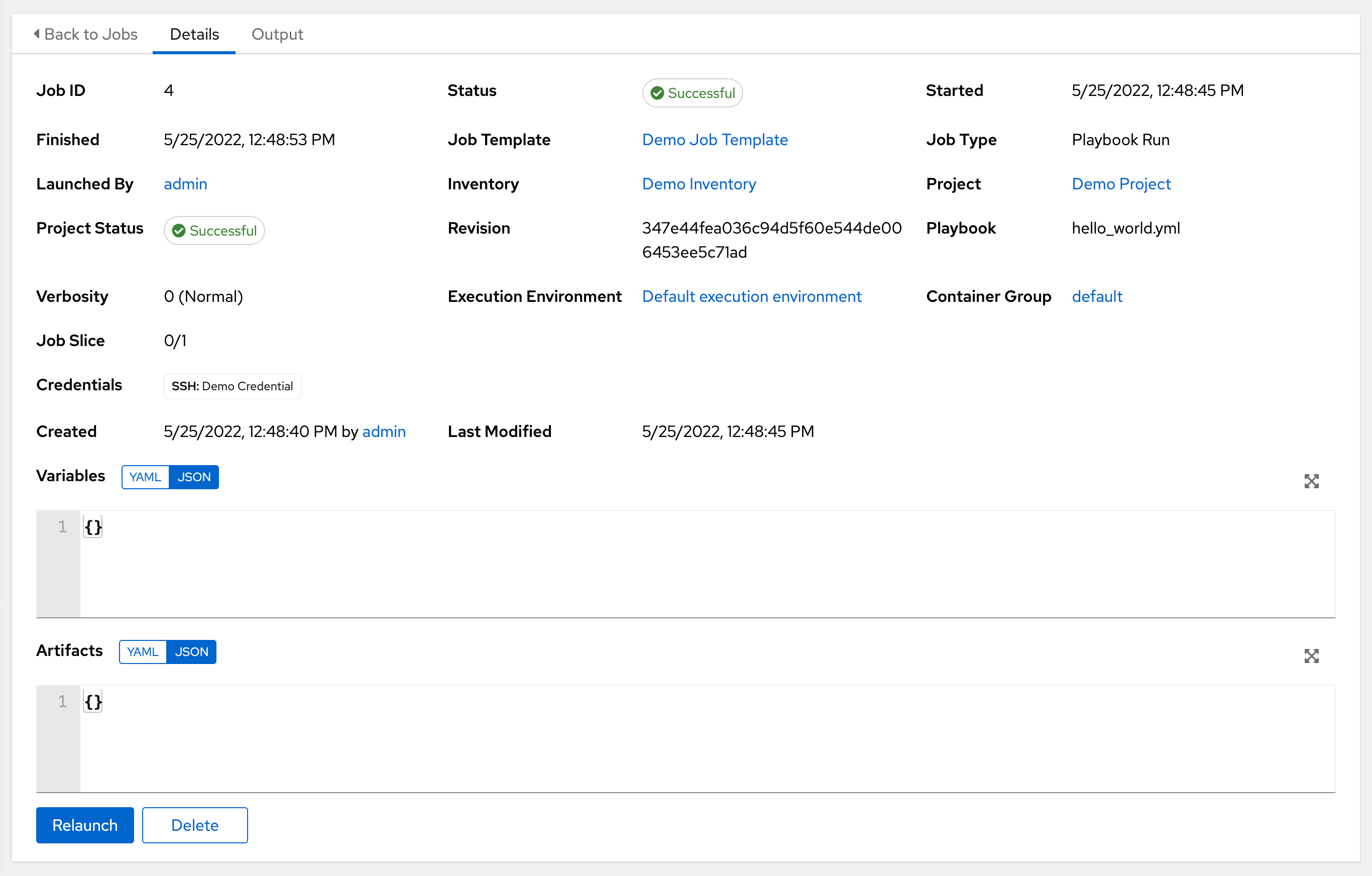 Example Job details for a playbook run