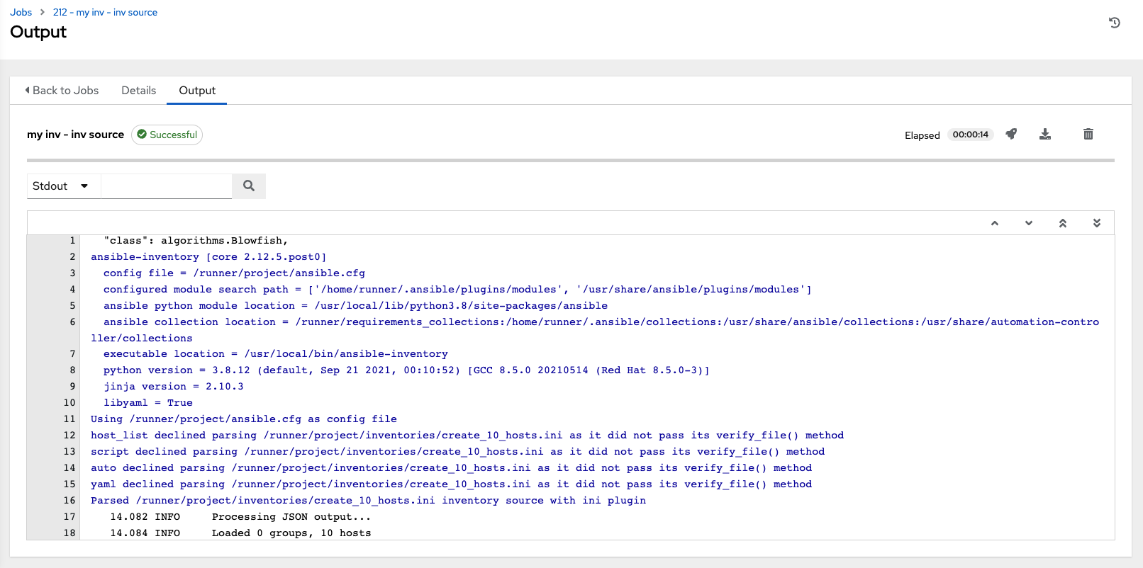 Example output for a successful Inventory Sync job