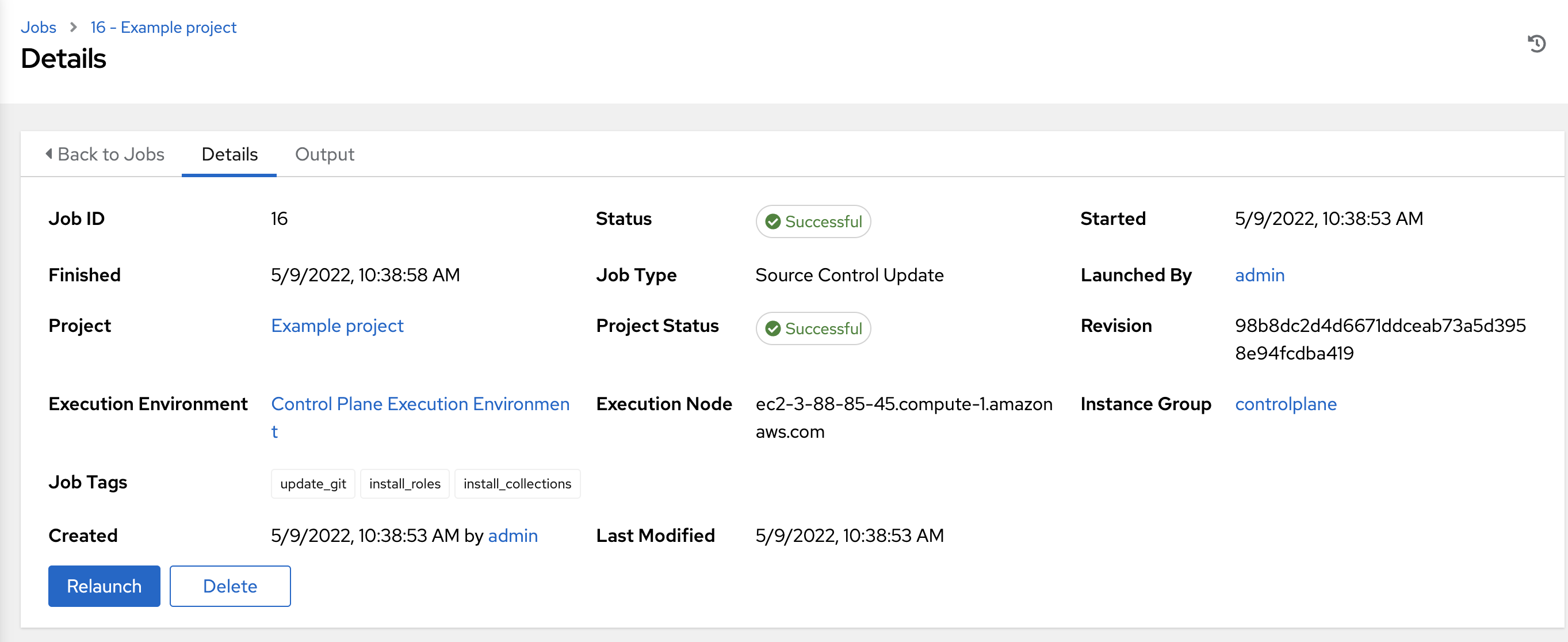 Example output for a successful SCM job