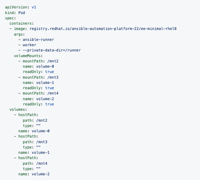 Pod spec for the playbook run showing volumeMounts and volumes details