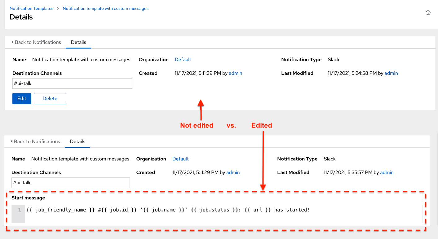 Notification template with and without a custom message