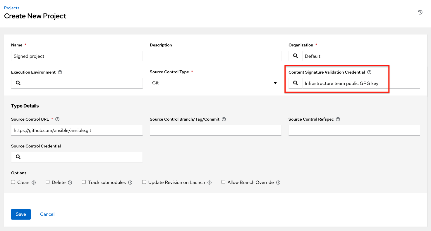 Create project with example GPG credentials