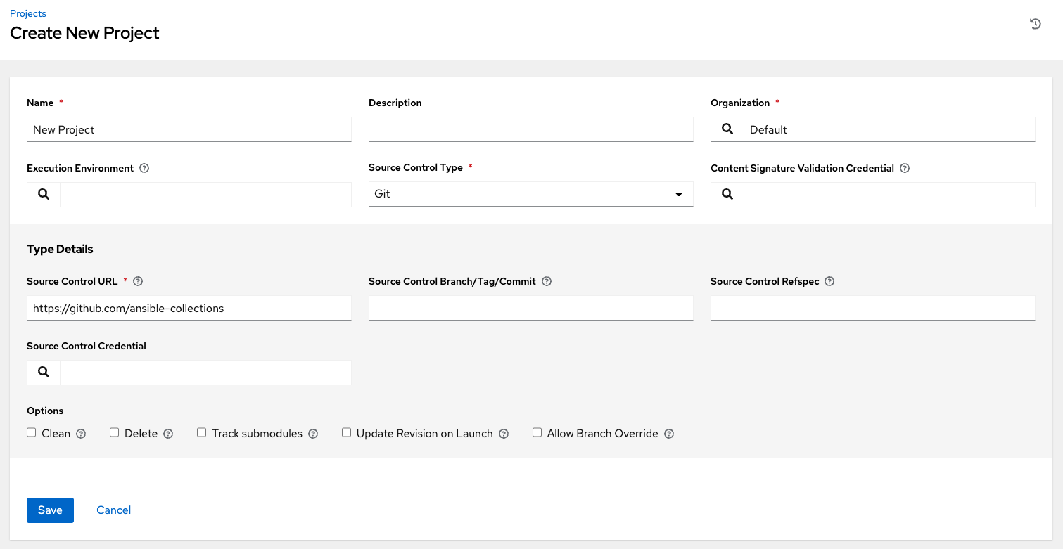 The URL for the Source Control URL in the Type Details section of the Create New Project form.