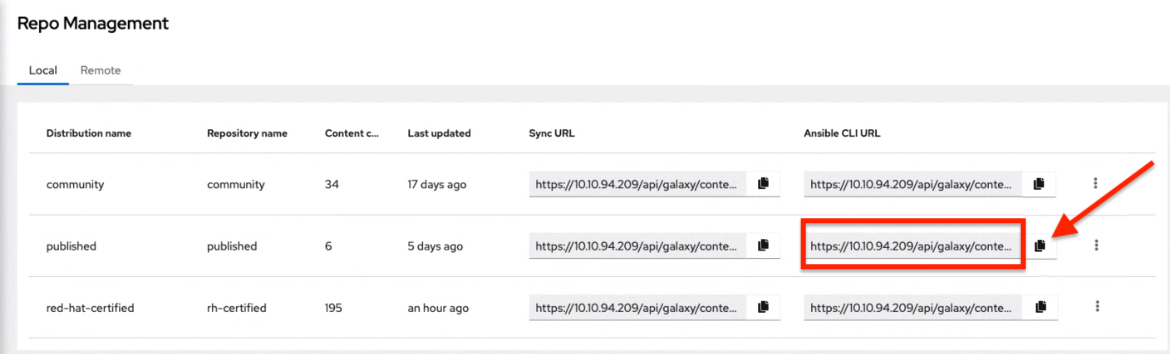 The Get token button next to the published repo URL in the Repo Management dashboard of your local Automation Hub.