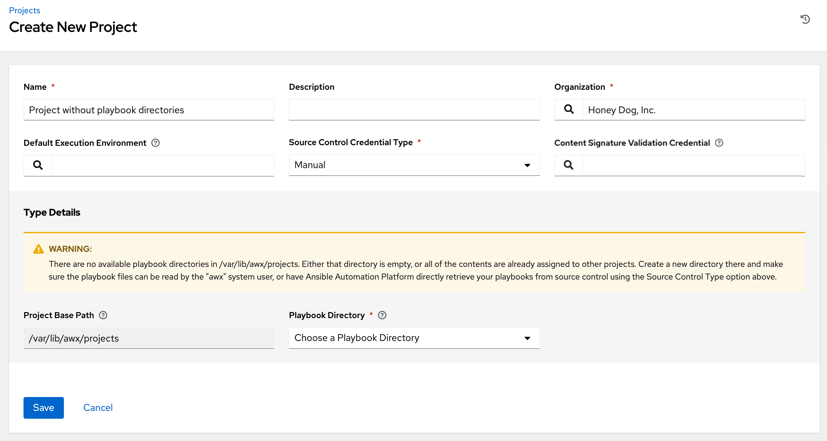 Create New Project form showing warning associated with selecting Source Control Credential Type of Manual