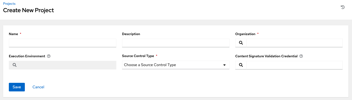 Create New Project form