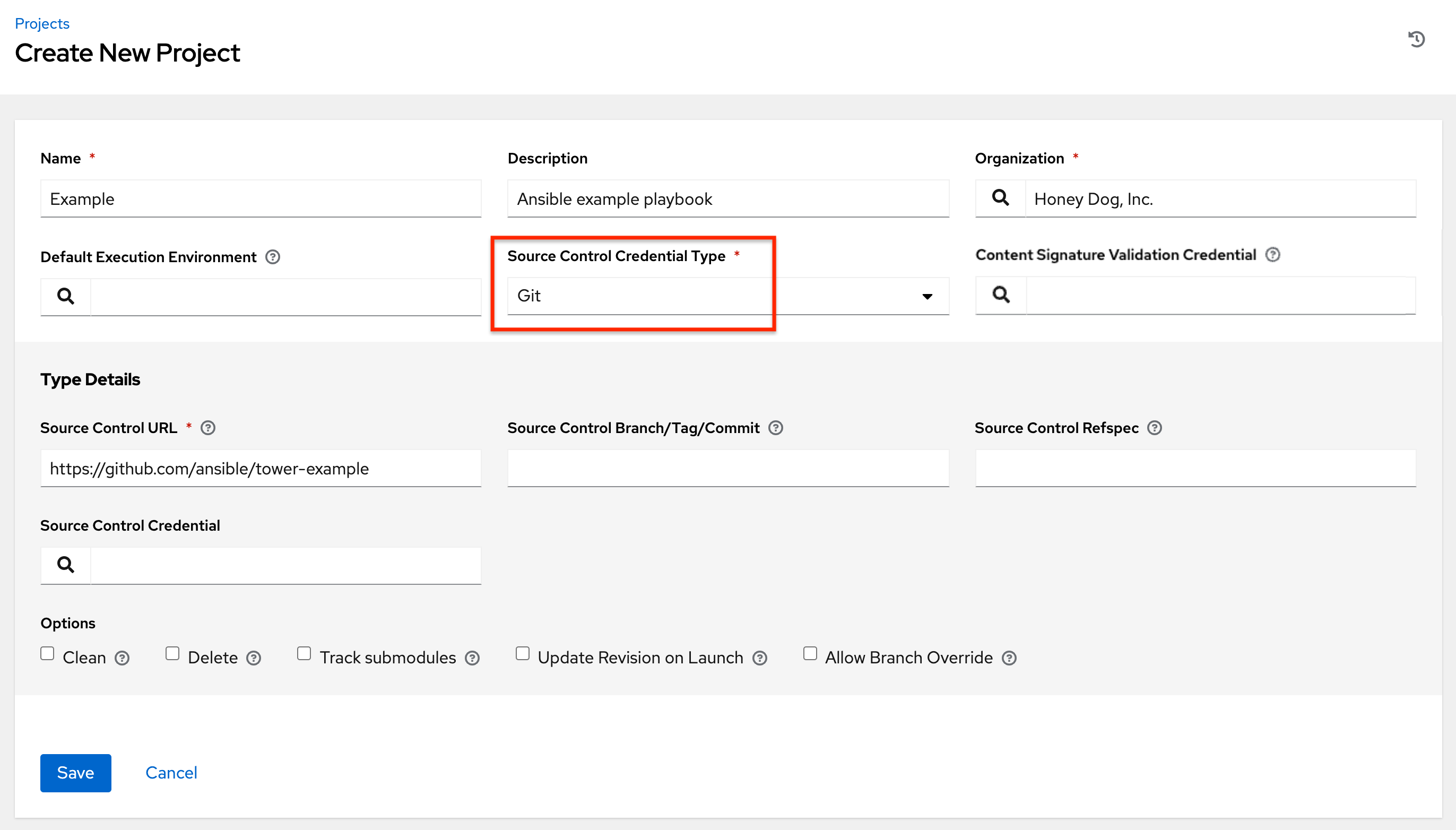 Create New Project form for Git Source Control Credential Type.