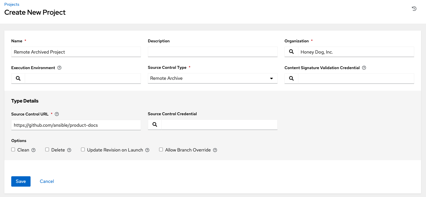 Create New Project form for Remote Archive Source Control Credential Type.