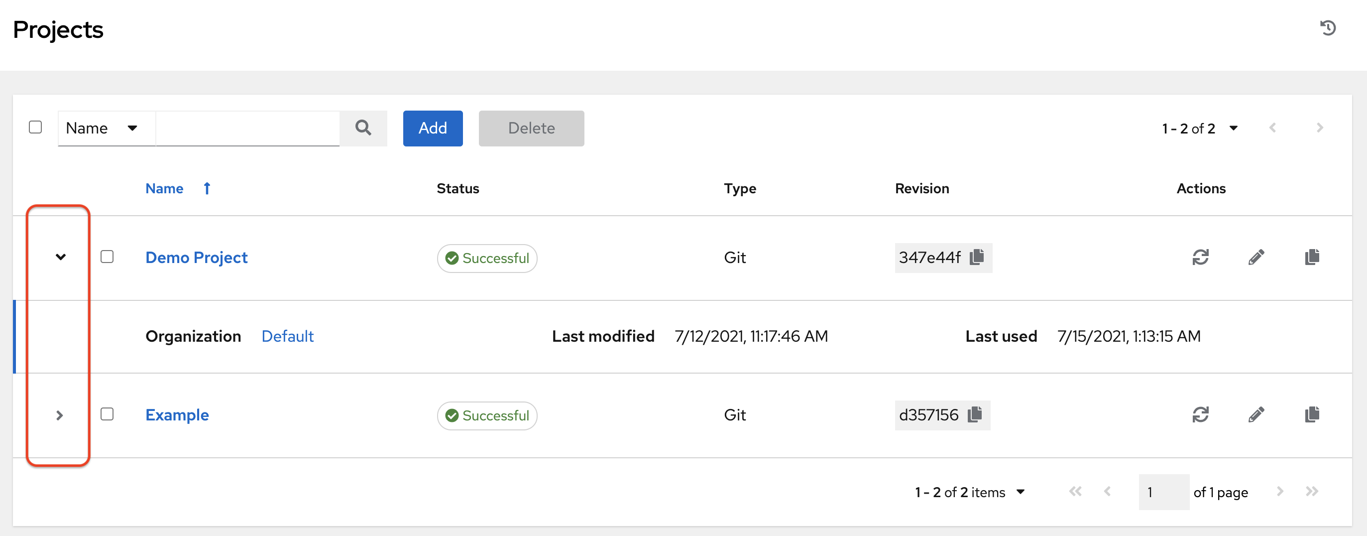 Projects list view showing arrows used to expand and collapse projects in the view.