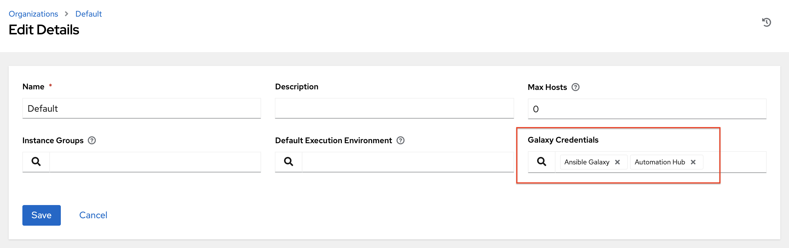 Edit example default organizations form with Ansible Galaxy and Automation Hub credentials.