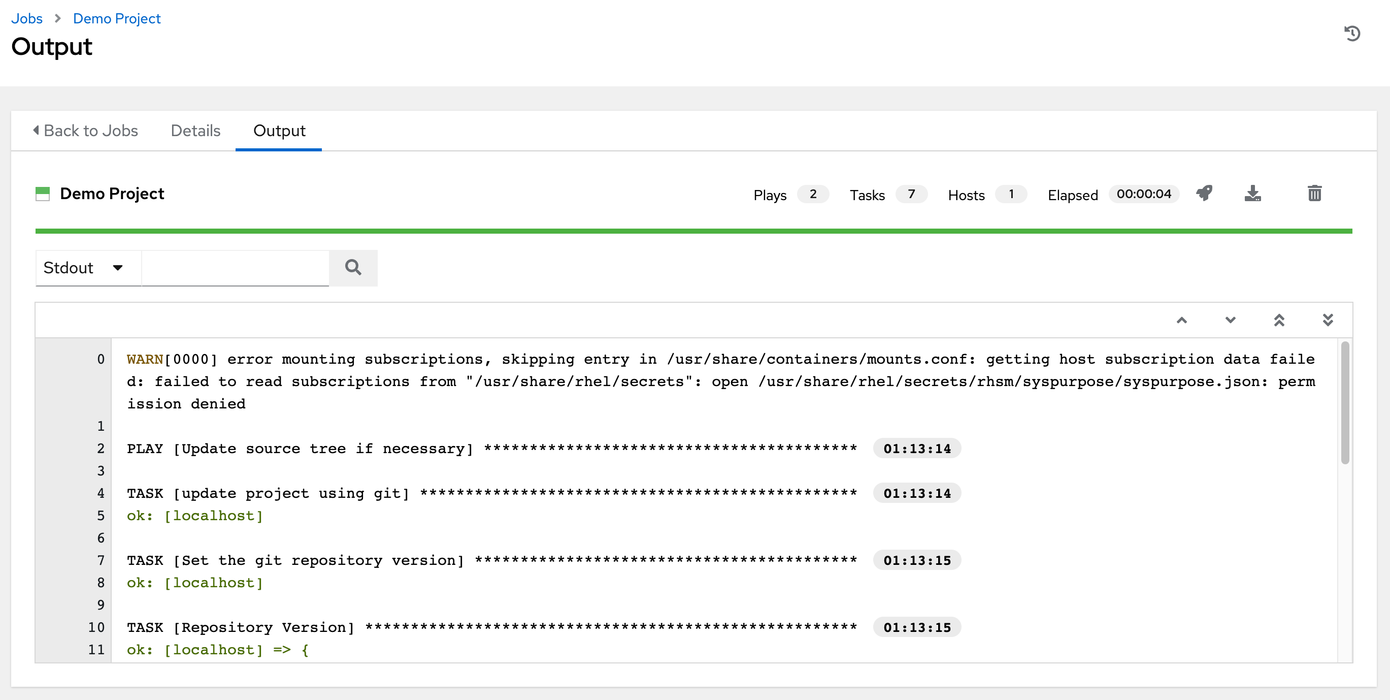 Example project with real-time standard output details.