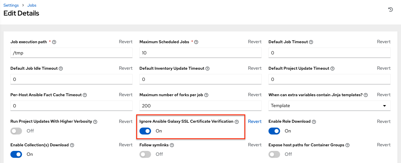 Job Settings page showing where to enable the option to ignore Ansible Galaxy SSL Certificate Verification.