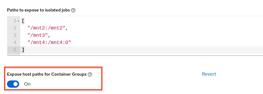 Jobs Settings page showing Paths to expose to isolated jobs field with assumed configuration and Expose host paths for Container Group toggle enabled