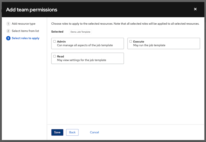 Add Teams Permissions Wizard step 3, choose the roles to apply to the previously selected resource.