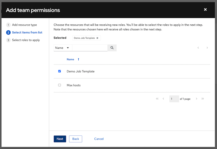 Add Teams Permissions Wizard step 2, choose the resources from the list, Demo Job template selected.