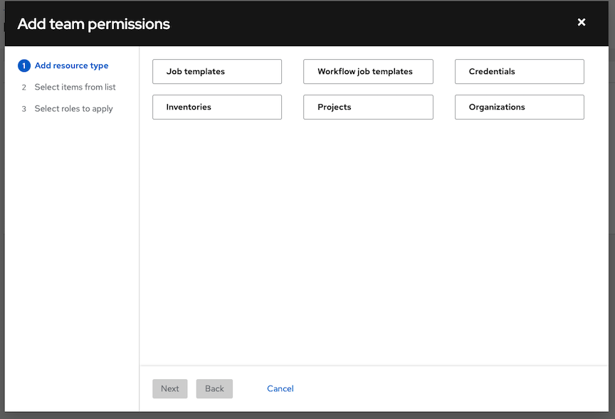 Add Teams Permissions Wizard step 1, choose the resource type.