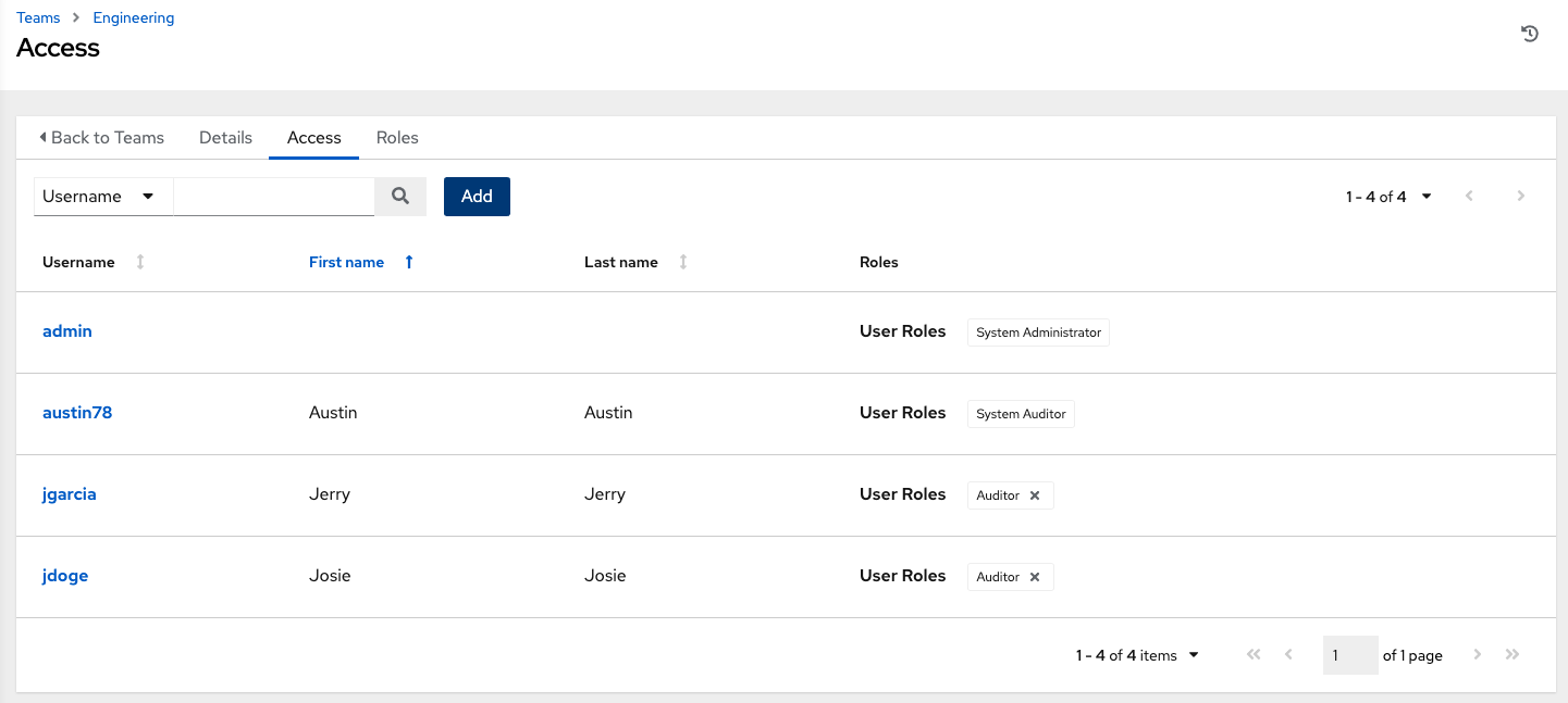 Teams list showing the Access tab displaying a list of users and their roles.