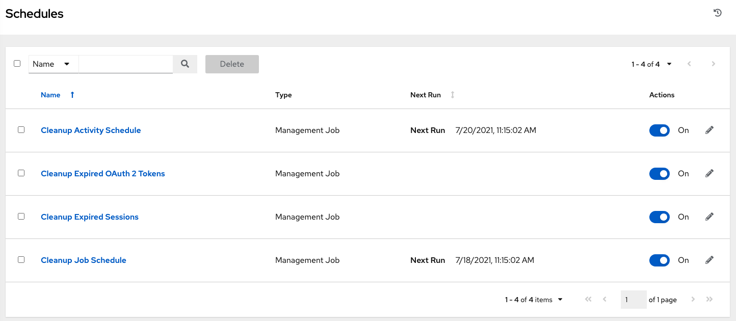 Schedules view showing all the scheduled jobs that are configured.