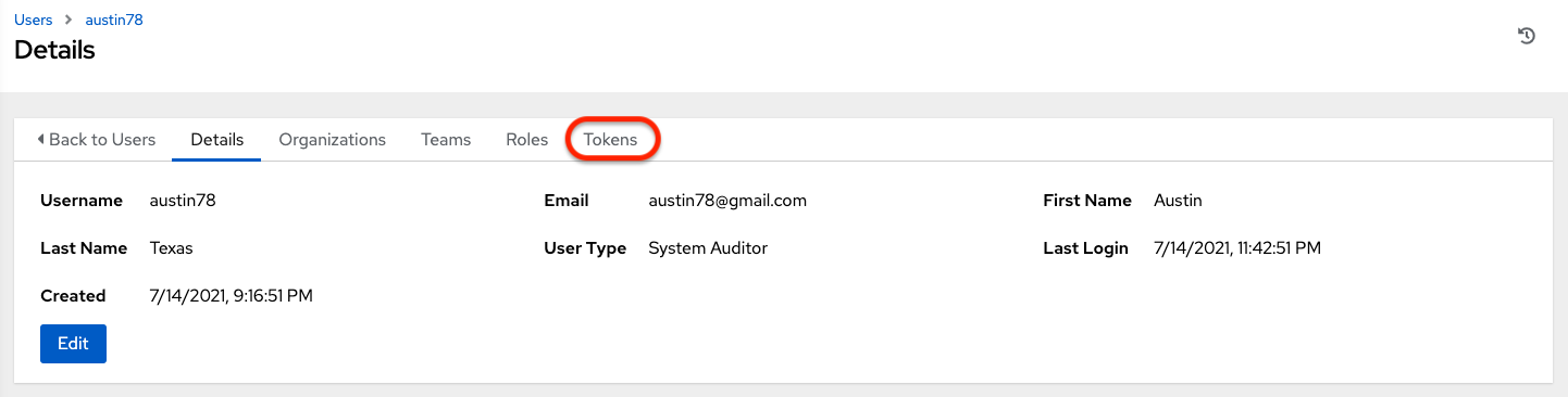 User details with Tokens tab highlighted