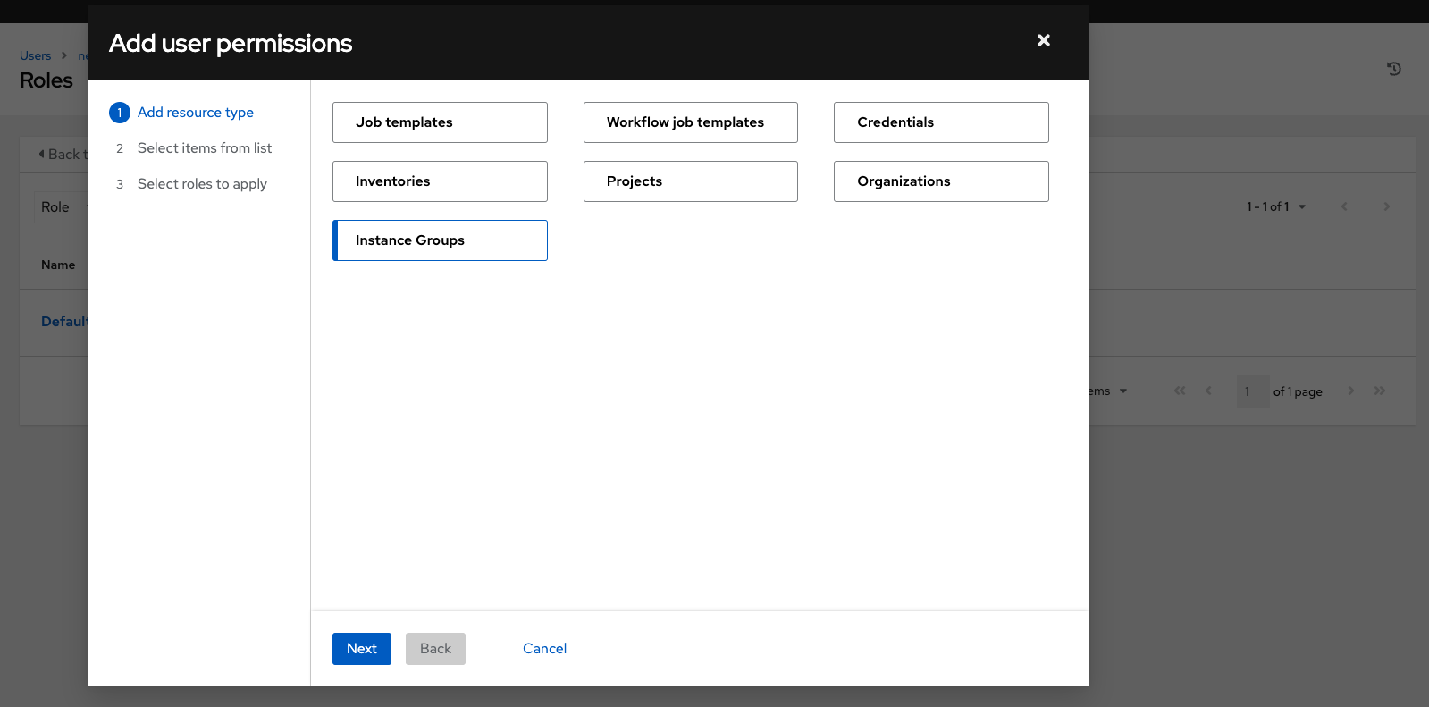 Add User Permissions Form, first step, Add resource type