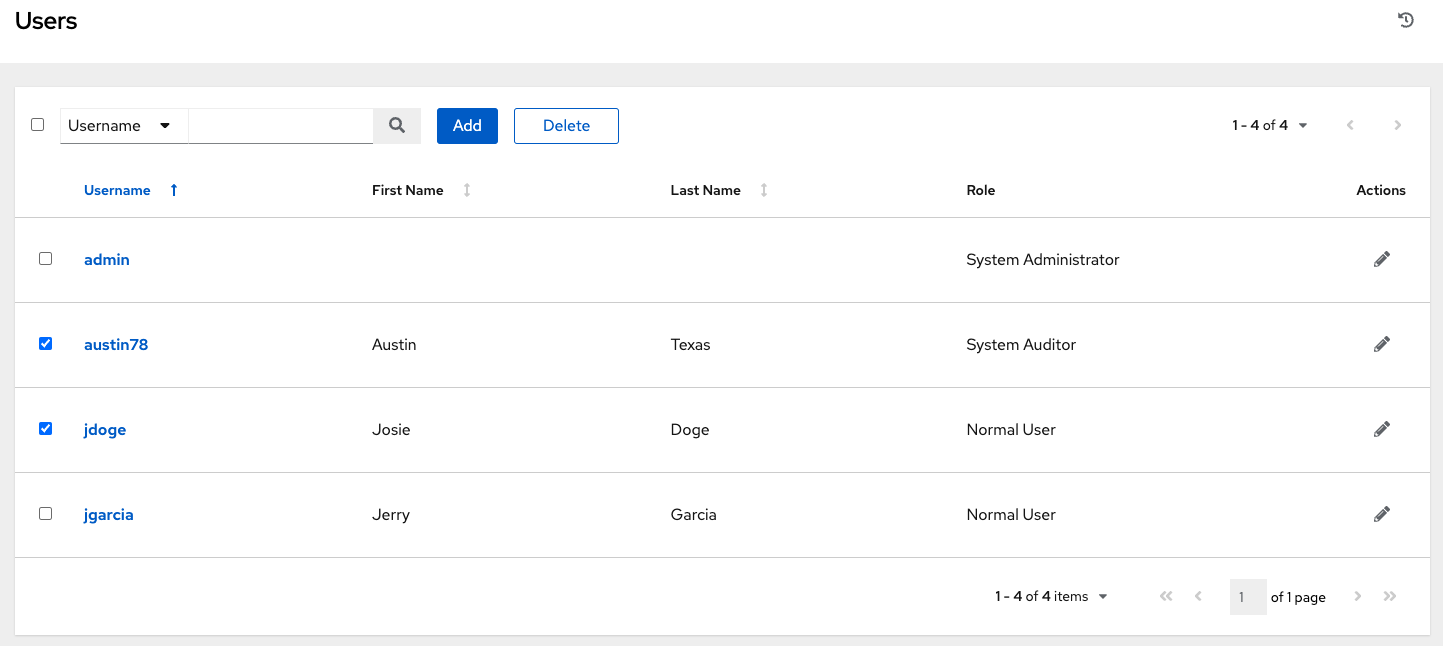 Users list view with two users checked