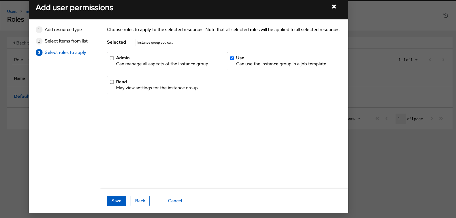 Add User Permissions Form, final step, Select roles to apply - "Use" role checked