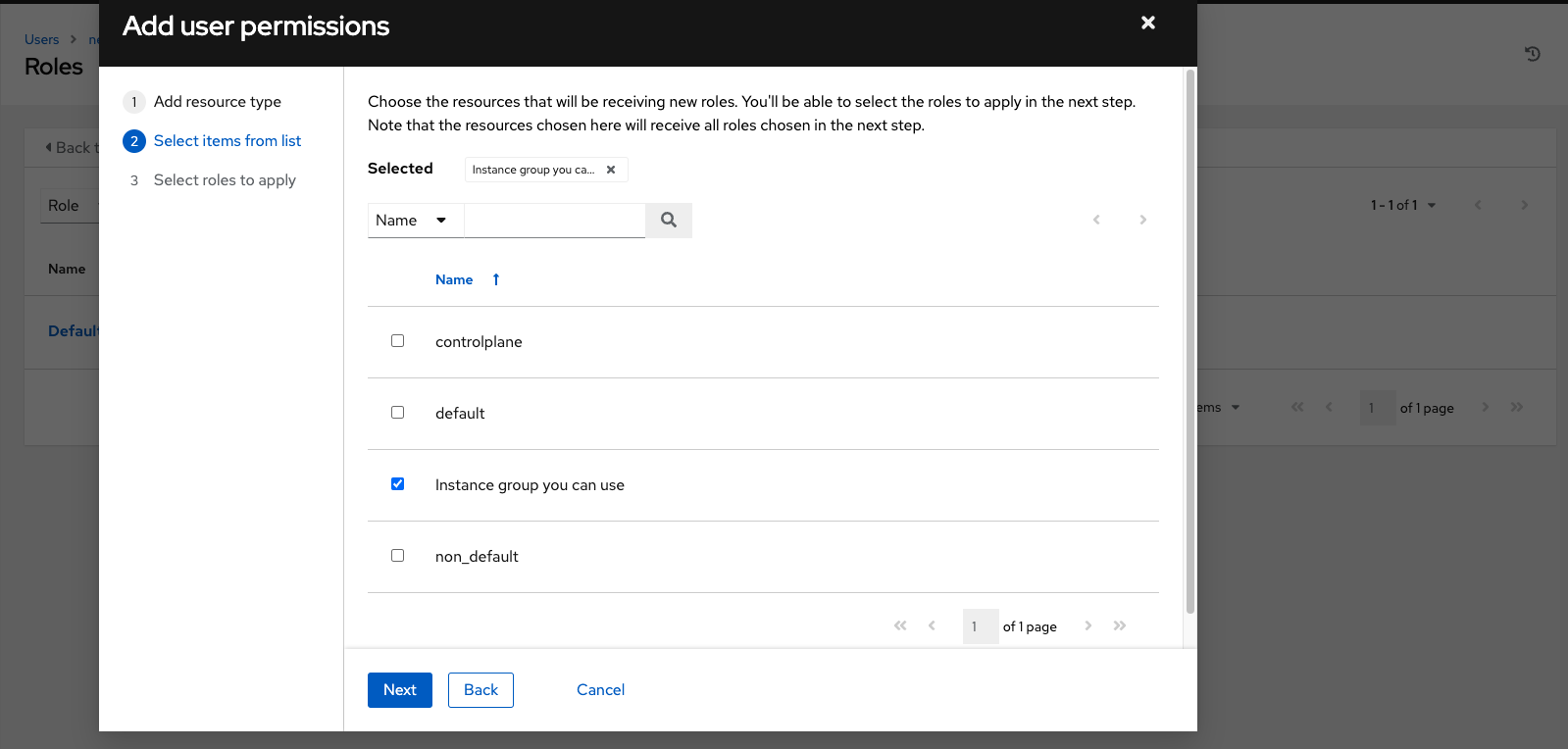 Add User Permissions Form, second step, Select items from list - instance group checked