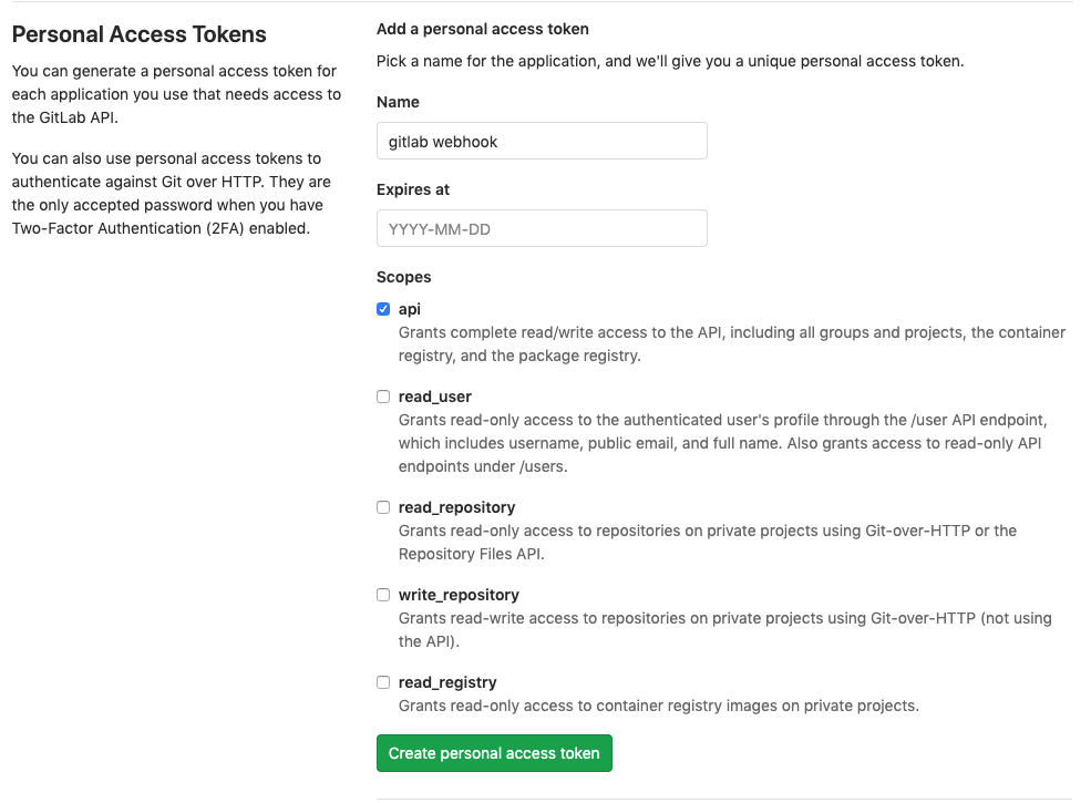 Personal Access Token page