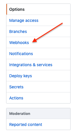 Webhooks link under Options