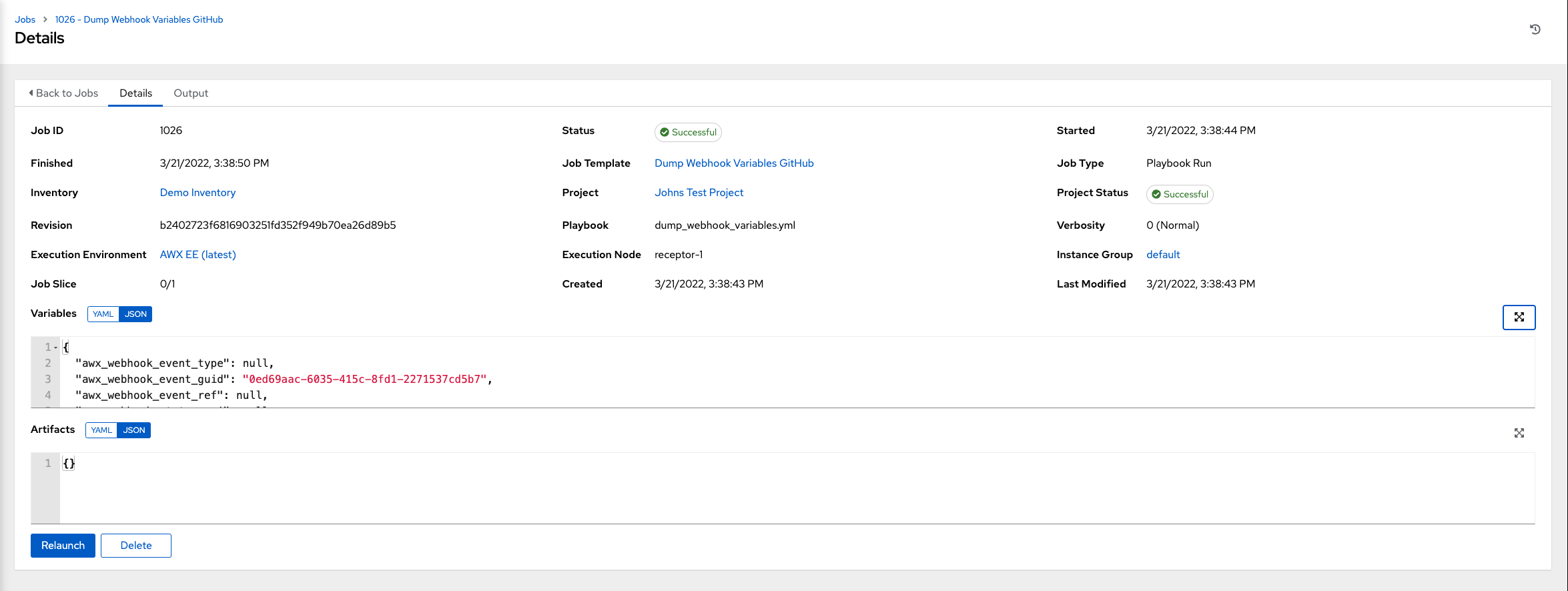 Details page with payload output