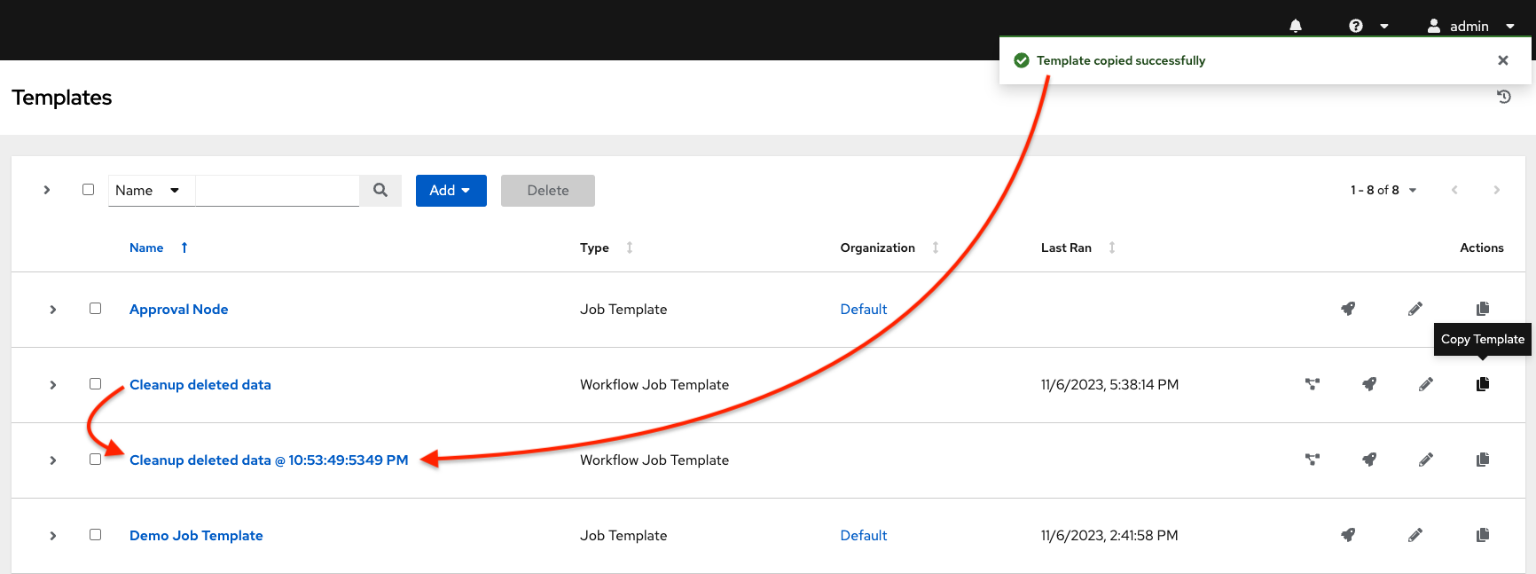 Templates list view with example copied workflow.