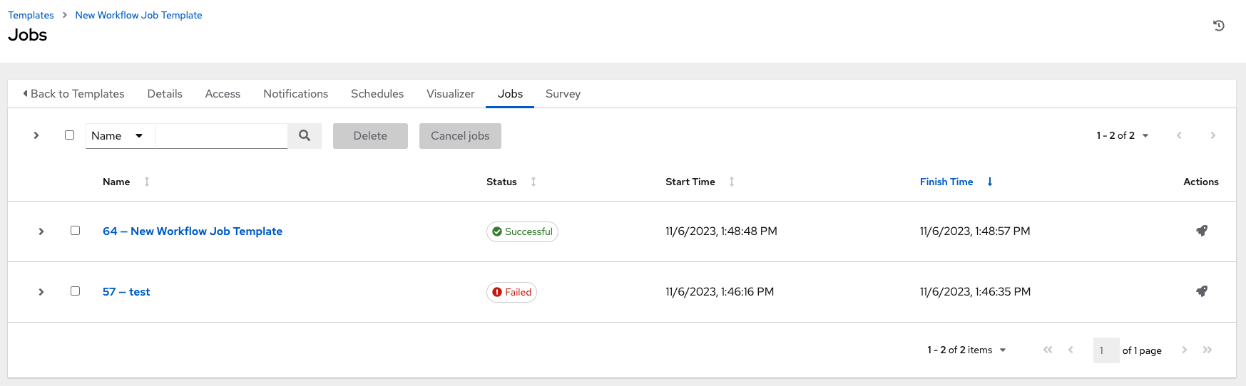 Jobs tab of the example workflow template showing completed jobs.