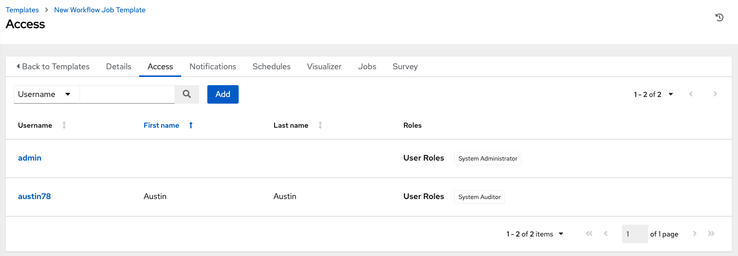 Access tab of the newly created workflow template showing two user roles and their permissions.