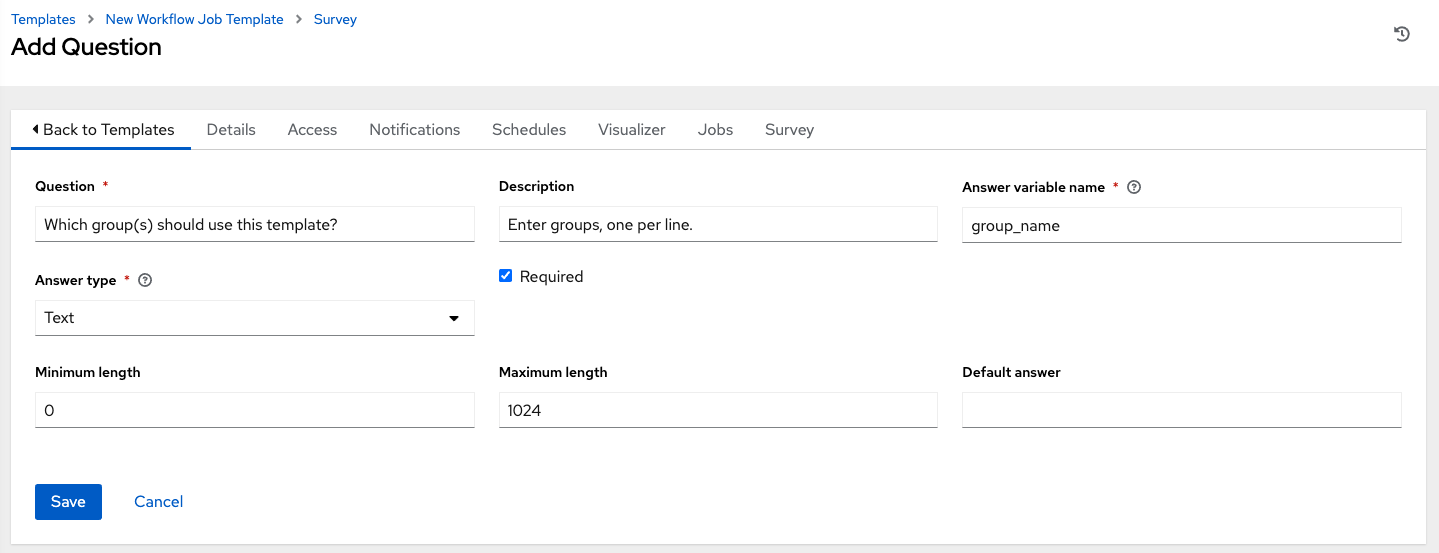 Workflow Job Template showing the Create survey form.