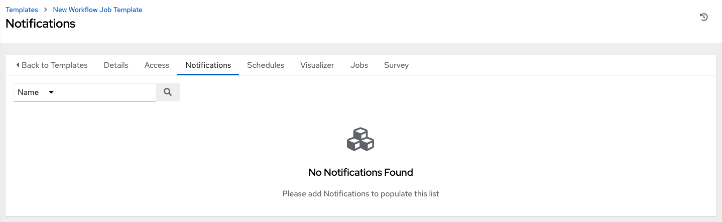 Notifications tab of the newly created workflow template showing no notifications set up.