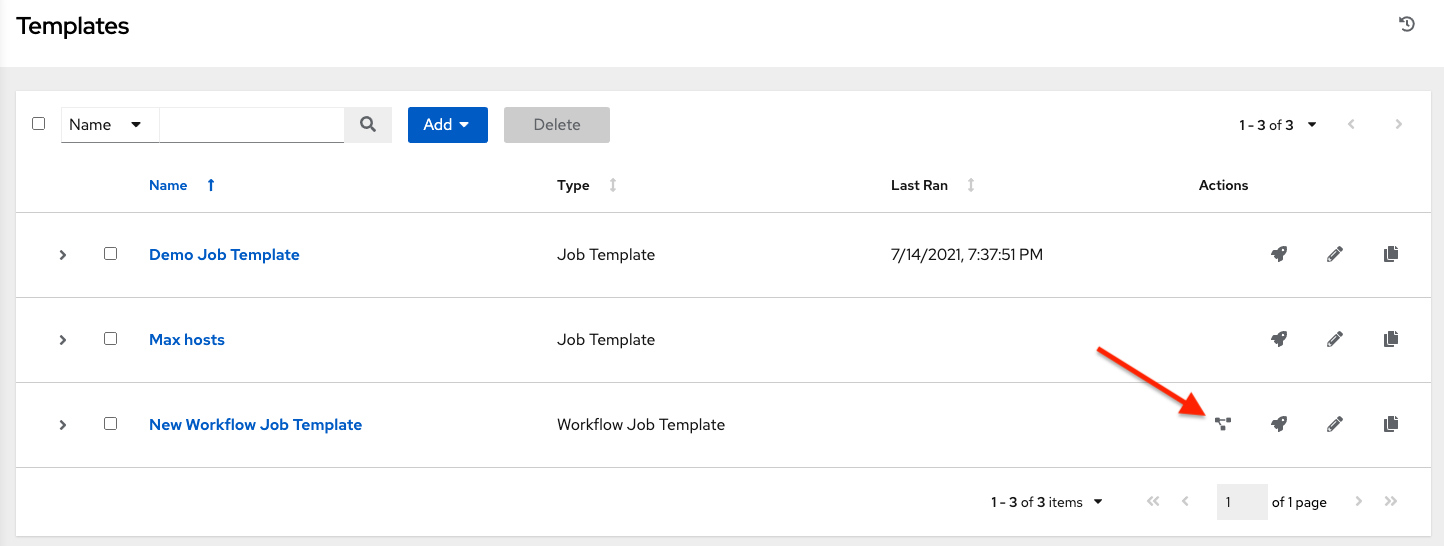 Job templates list view with example of workflow template and arrow pointing to the Workflow vizualizer icon.