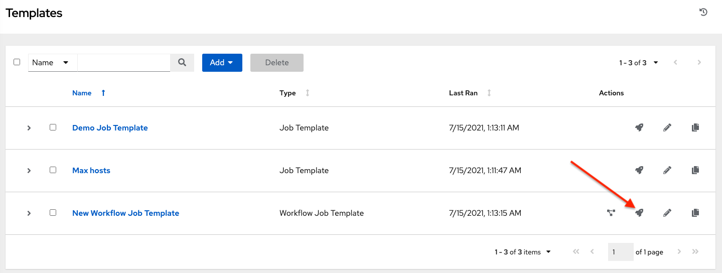 Templates list view with arrow pointing to the launch button of the workflow job template.