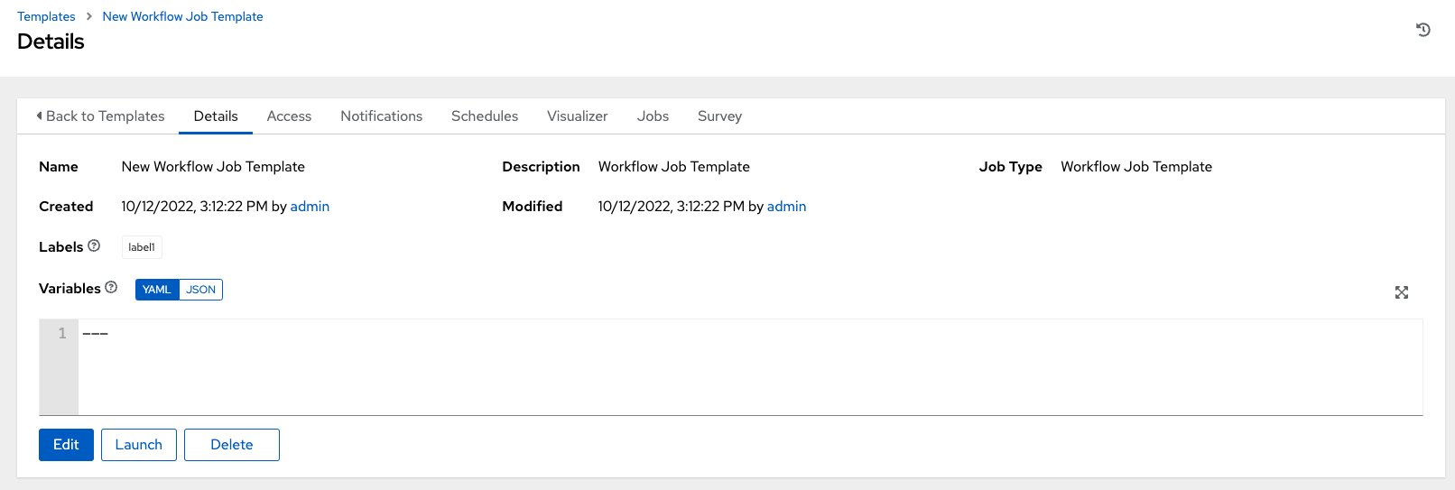 Details tab of the newly created workflow template.